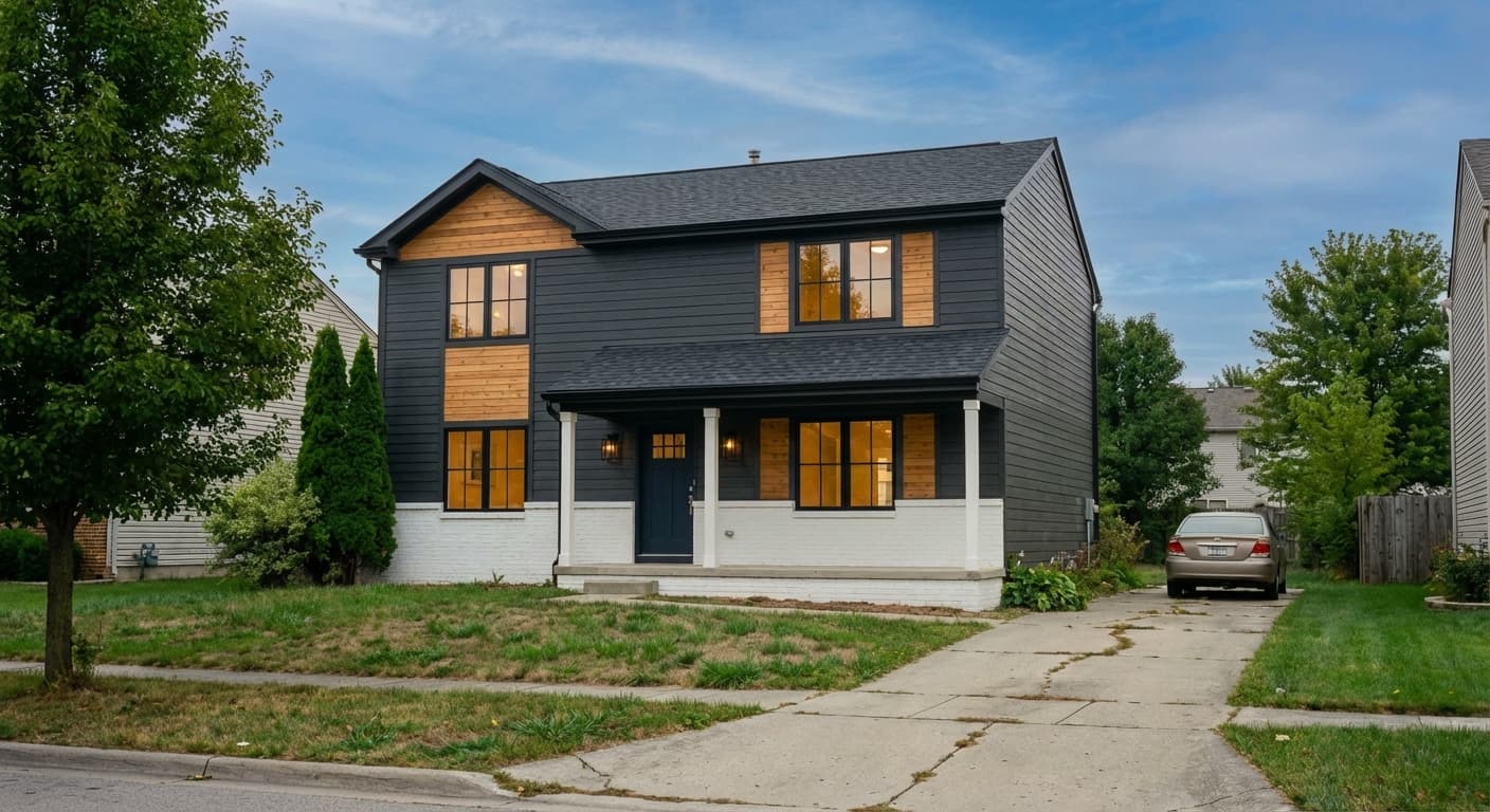 A flat, dim exterior photo corrected to balanced exposure and colour — after