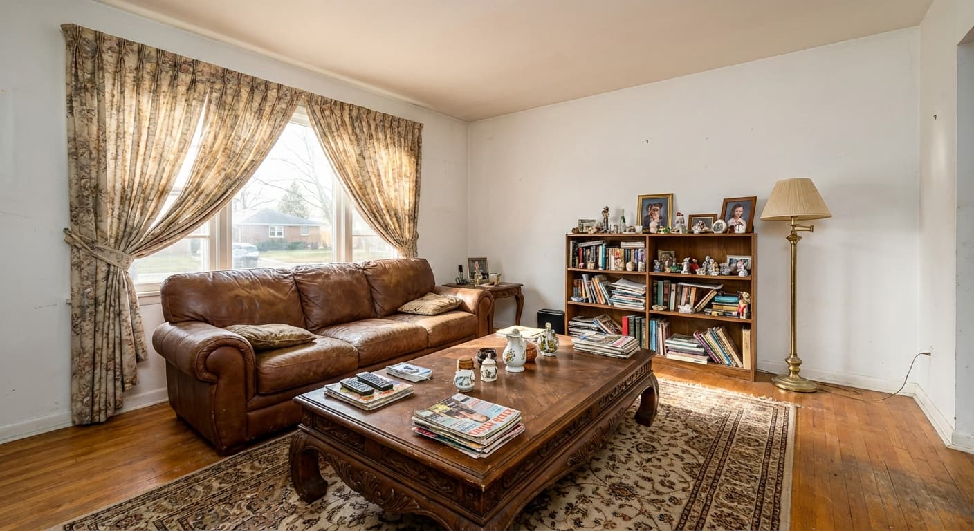 A cluttered living room with the clutter removed — before