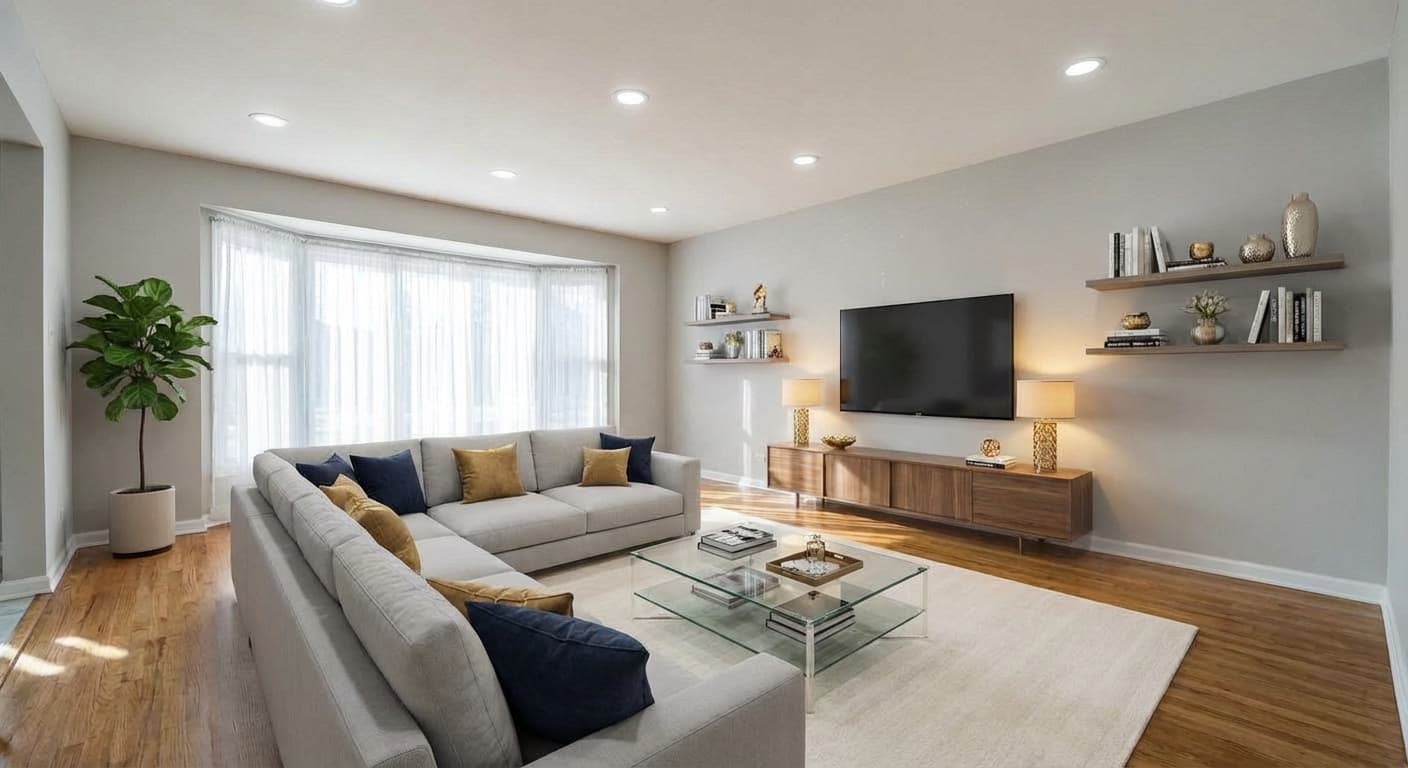 An empty living room furnished by virtual staging — after