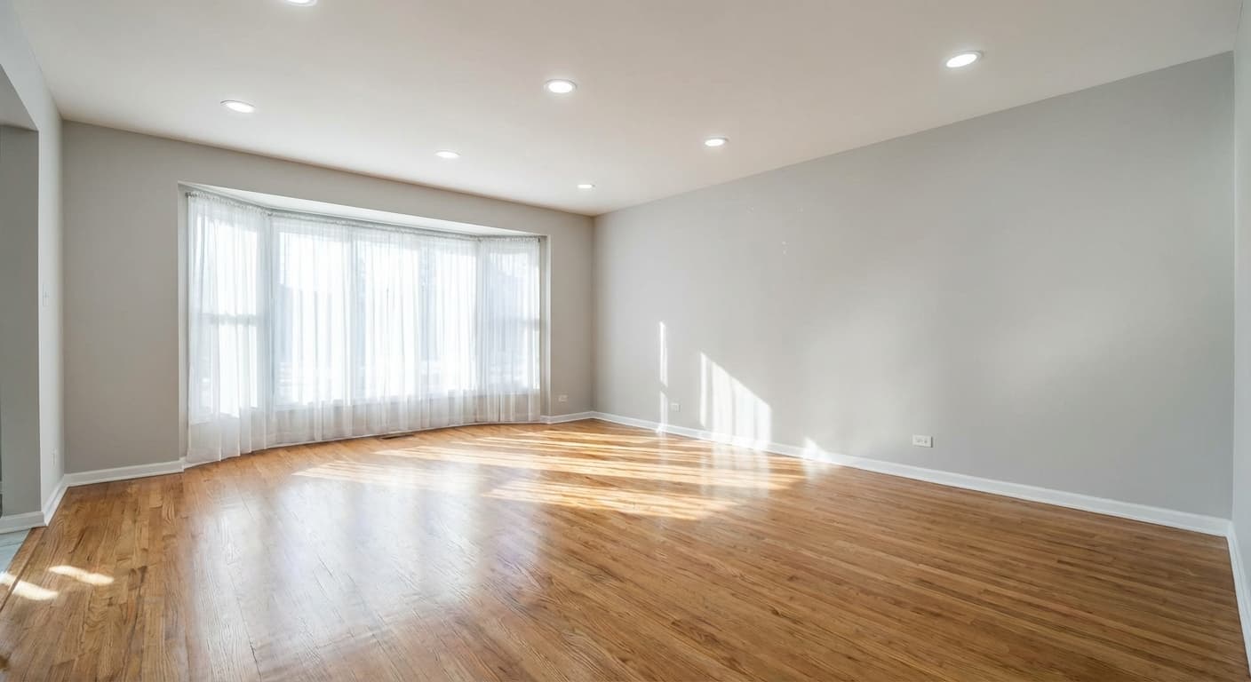 An empty living room furnished by virtual staging — before