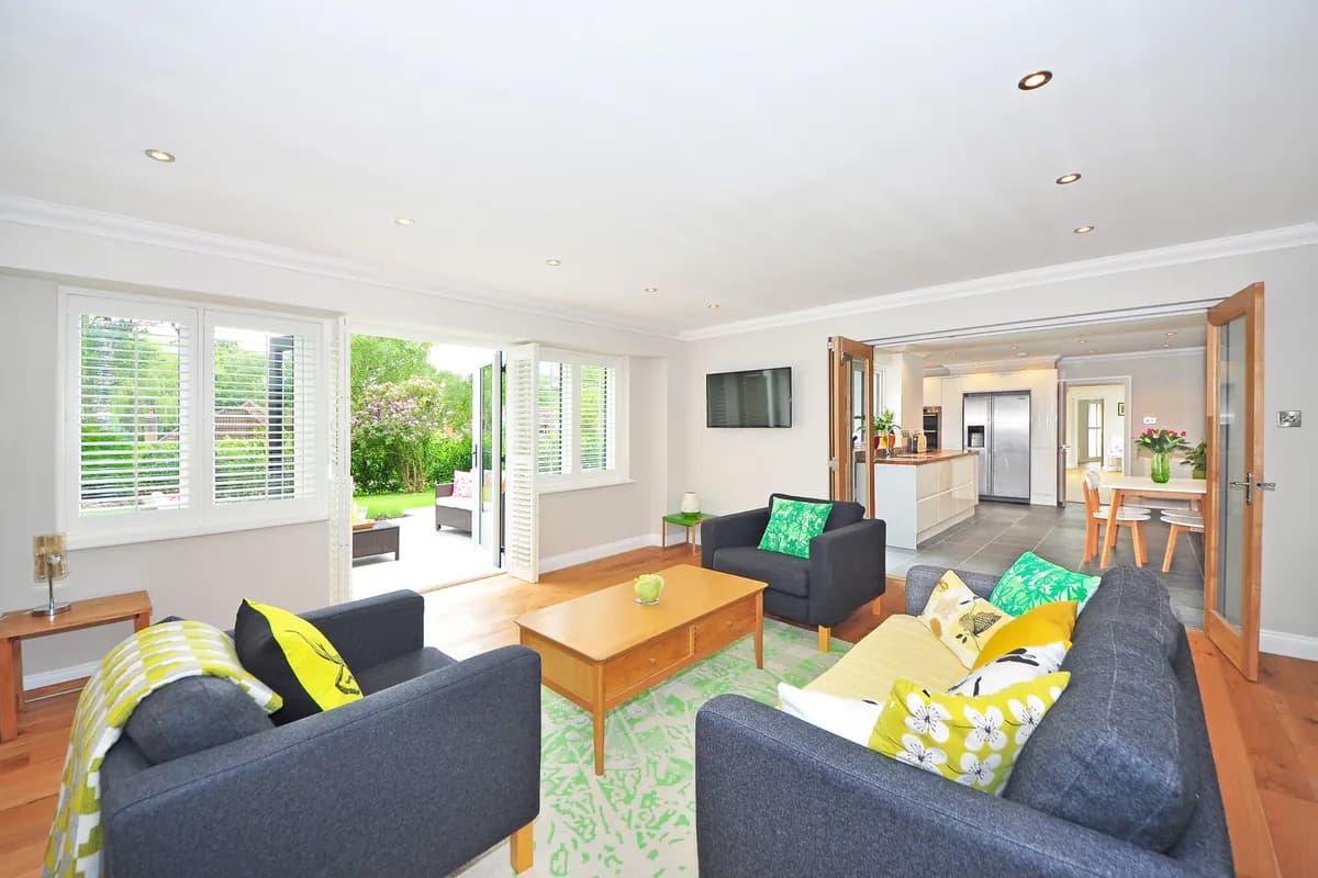 A daytime living room relit for 22:00 — before