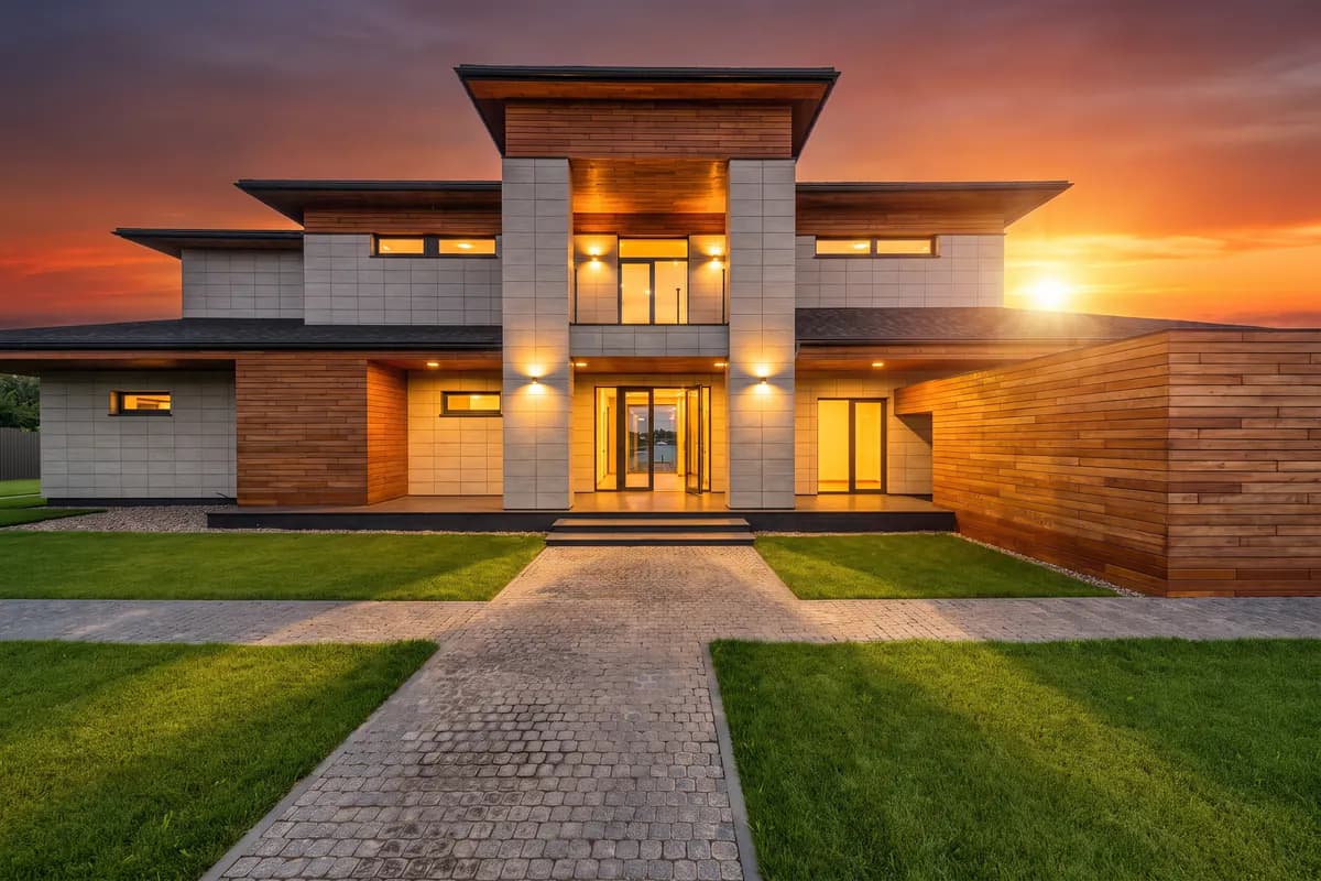 A modern villa photographed by day, relit for 19:00 — after