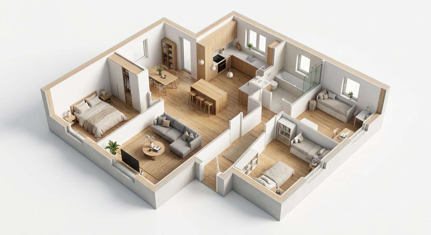 A 2D floor plan rendered as a 3D cutaway — after